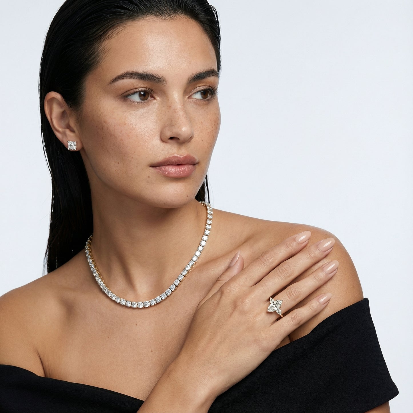 Grace Three Stone Marquise Cut Lab Grown Diamond Engagement Ring in Yellow Gold