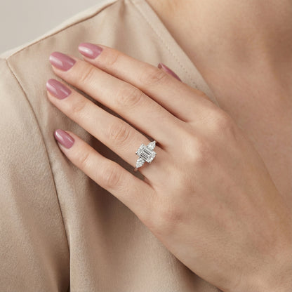Grace Three Stone Emerald Cut Lab Grown Diamond Engagement Ring set in Silver