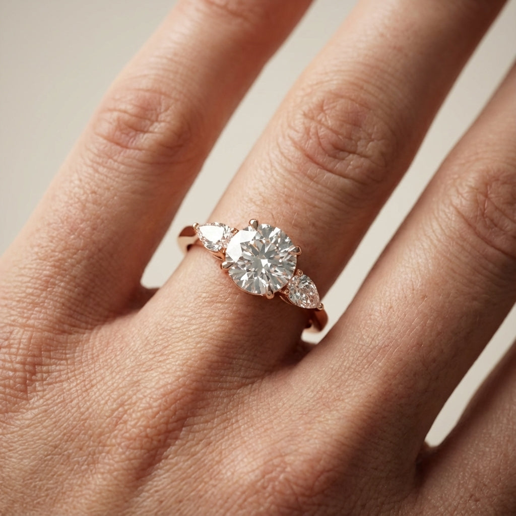 Round cut lab grown diamond three stone engagement ring in rose gold setting