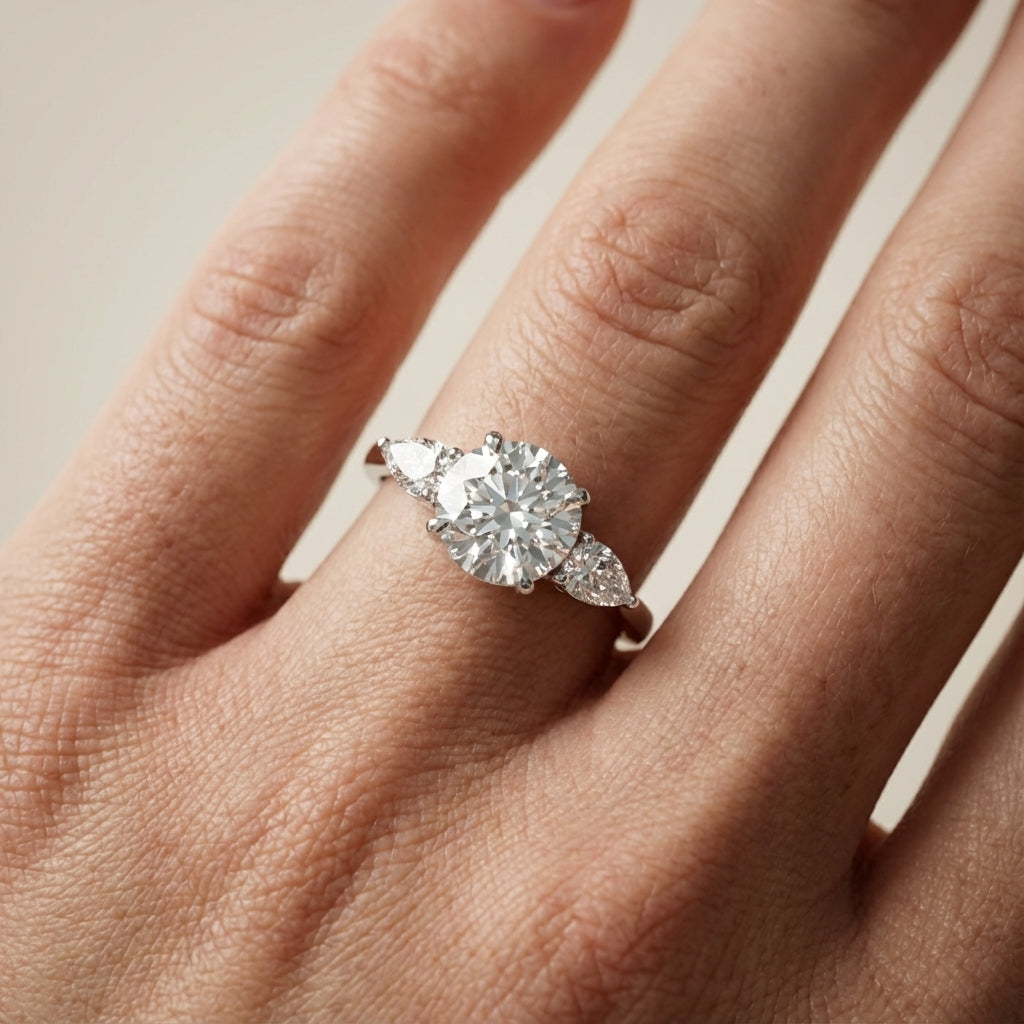 Round cut lab grown diamond three stone engagement ring in white gold setting