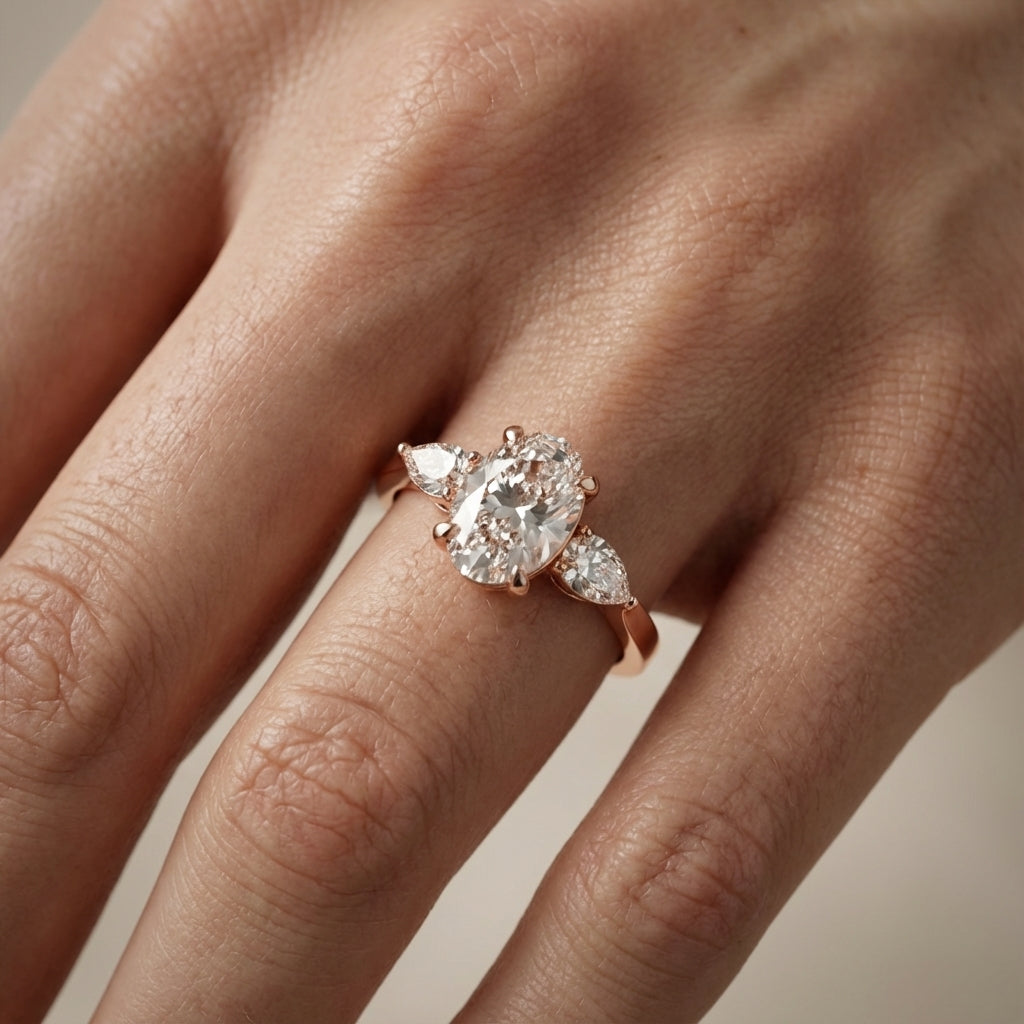 Oval Cut Lab Grown Diamond Three Stone Engagement Ring in Rose Gold setting