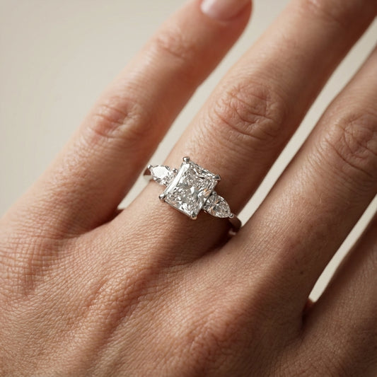 Radiant Cut Lab Grown Diamond Three Stone Engagement Ring in White Gold