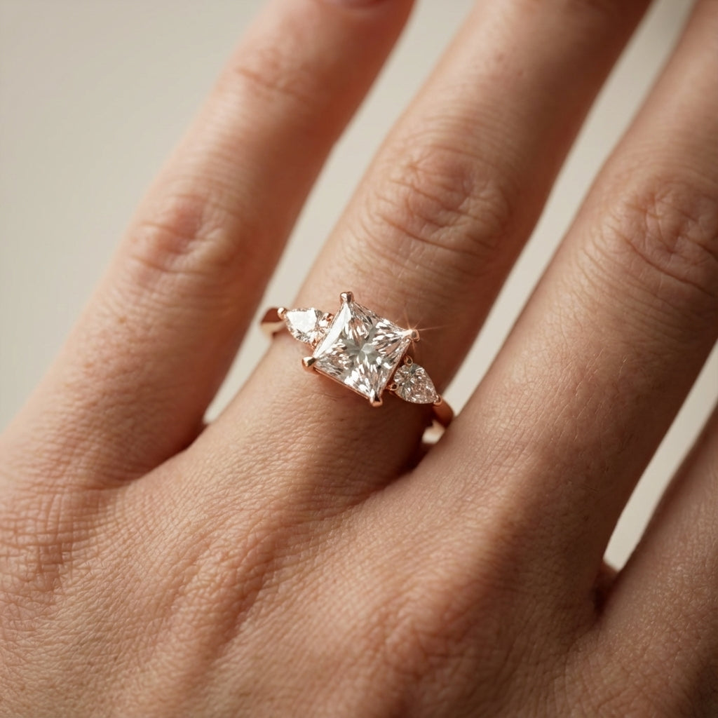 Princess Cut Lab Grown Diamond Three Stone Engagement Ring in Rose Gold with pear side stones