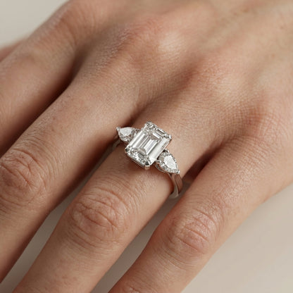 Grace Three Stone Emerald Cut Lab Grown Diamond Engagement Ring set in Silver