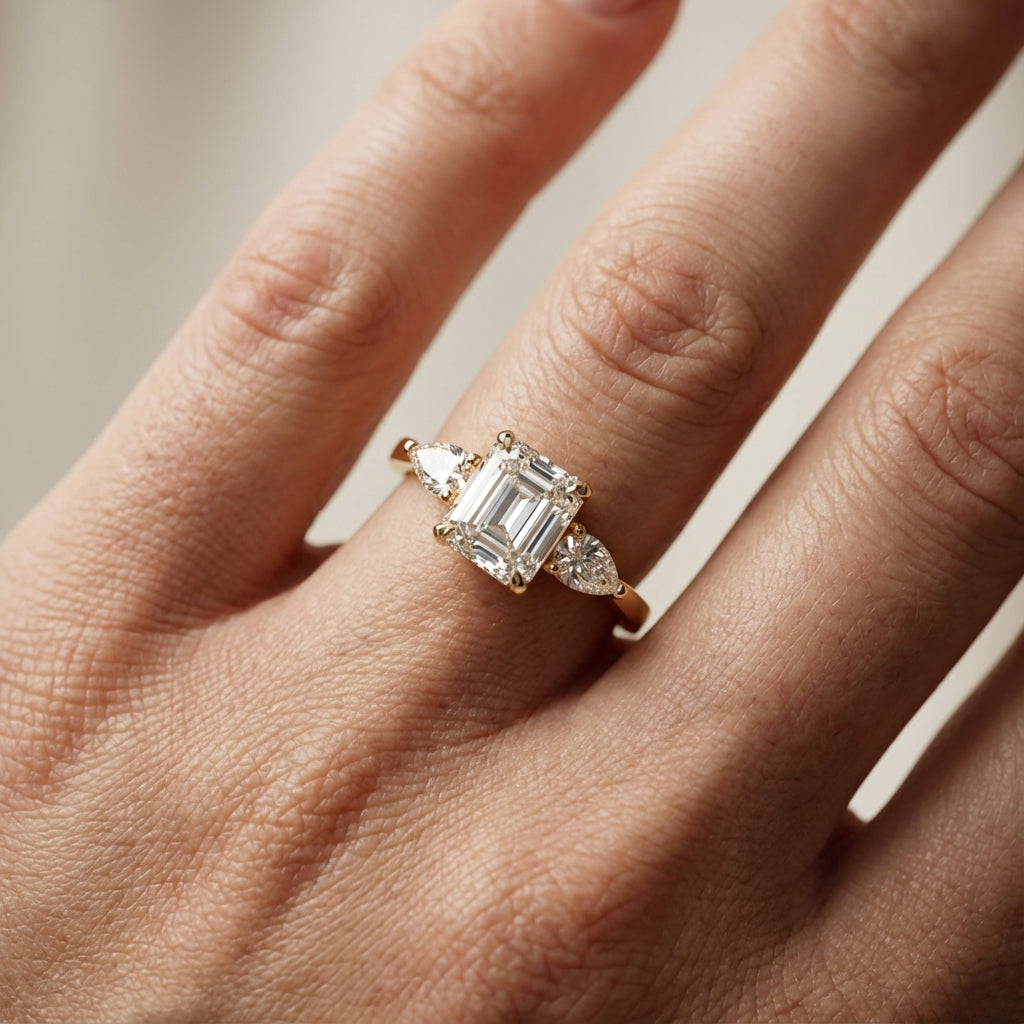 Asscher Cut Lab Grown Diamond Three Stone Engagement Ring in Yellow Gold setting