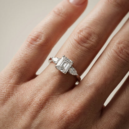 Asscher Cut Lab Grown Diamond Three Stone Engagement Ring in White Gold setting