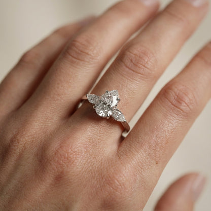 Pear Cut Lab Grown Diamond Three Stone Engagement Ring in Silver