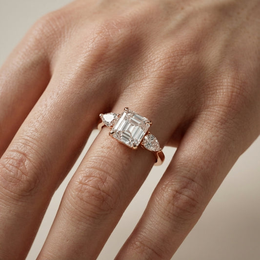 Asscher Cut Lab Grown Diamond Three Stone Engagement Ring in Rose Gold setting