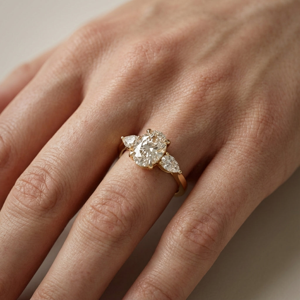 Oval Cut Lab Grown Diamond Three Stone Engagement Ring in Yellow Gold