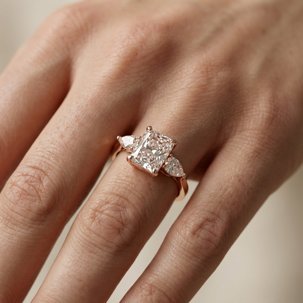 Radiant Cut Lab Grown Diamond Three Stone Engagement Ring in Rose Gold