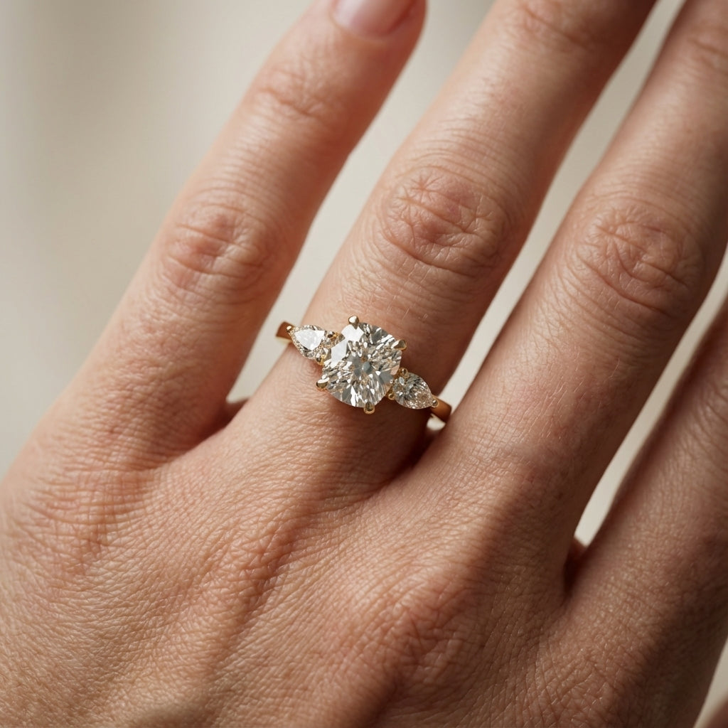 Grace Three Stone Cushion Cut Lab Grown Diamond Engagement Ring in Yellow Gold setting