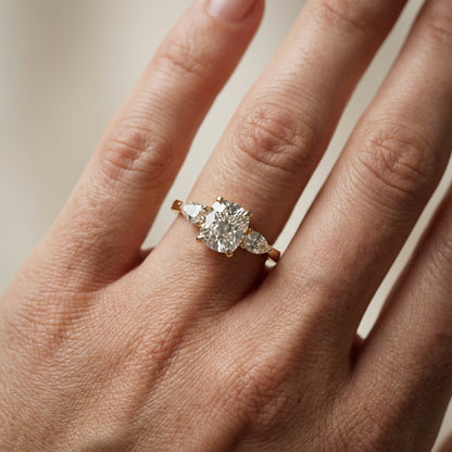 Grace Three Stone Cushion Cut Lab Grown Diamond Engagement Ring in Yellow Gold setting