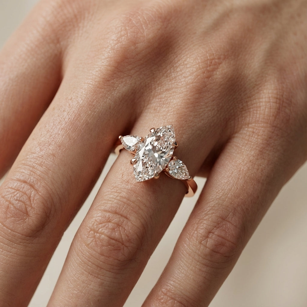 Grace Three Stone Marquise Cut Lab Grown Diamond Engagement Ring in Rose Gold