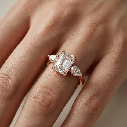 Grace Three Stone Emerald Cut Lab Grown Diamond Engagement Ring set in Rose Gold