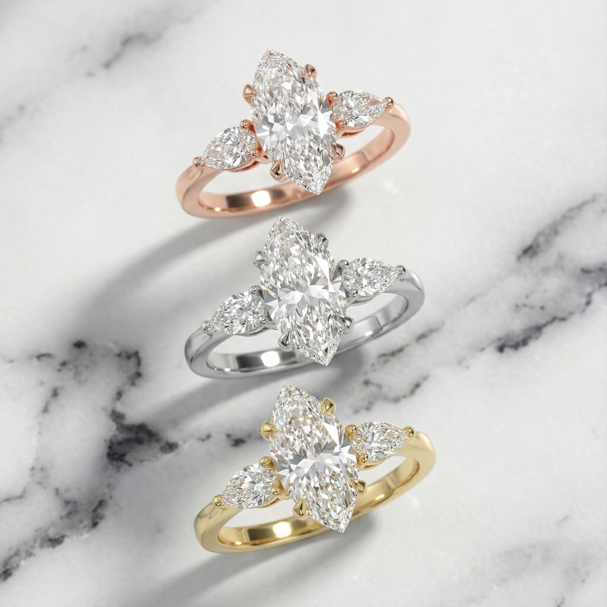 Grace Three Stone Marquise Cut Lab Grown Diamond Engagement Ring in Platinum