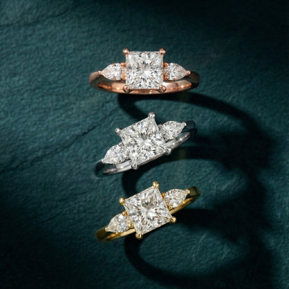 Princess Cut Lab Grown Diamond Three Stone Engagement Ring in Yellow Gold with pear side stones