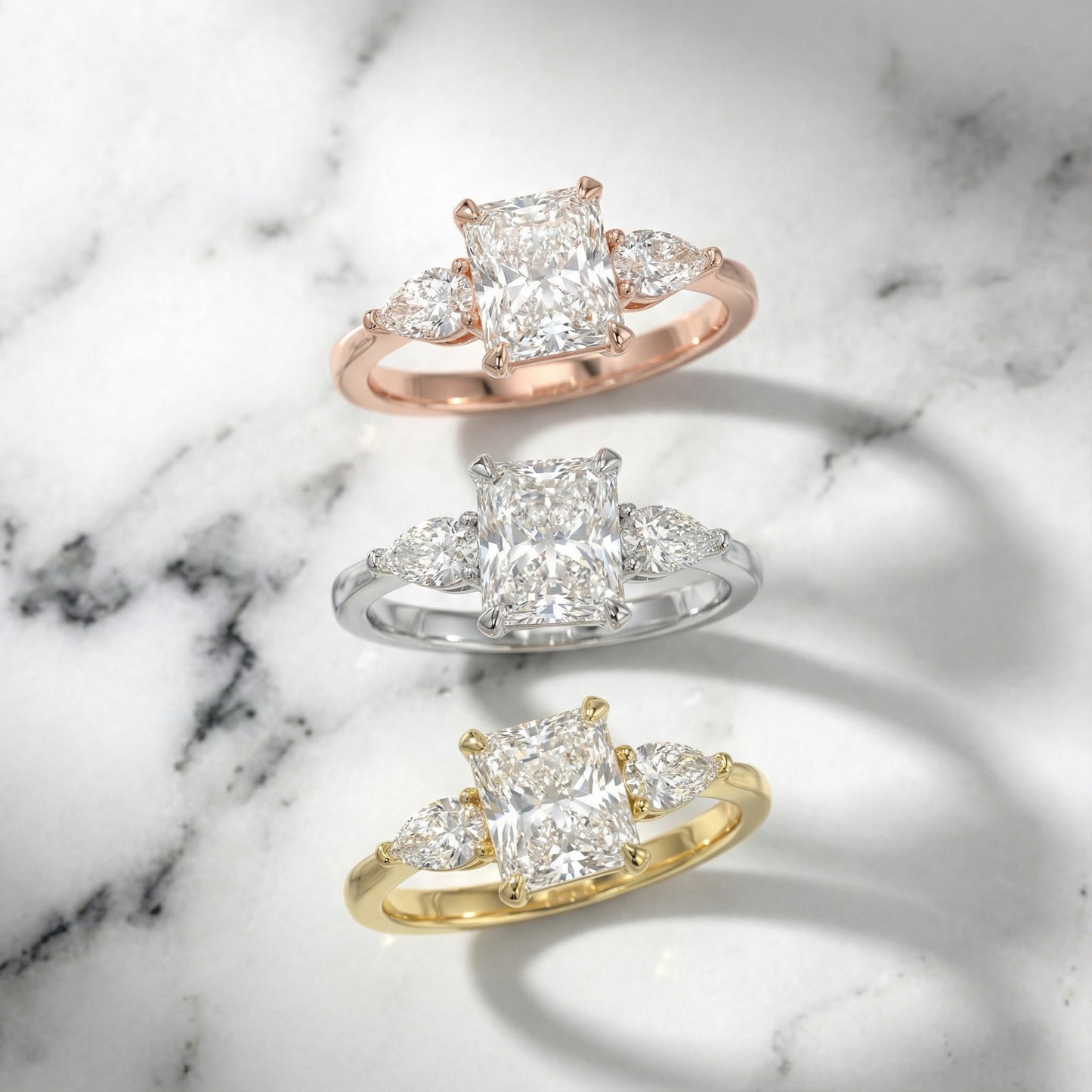 Radiant Cut Lab Grown Diamond Three Stone Engagement Ring in White Gold