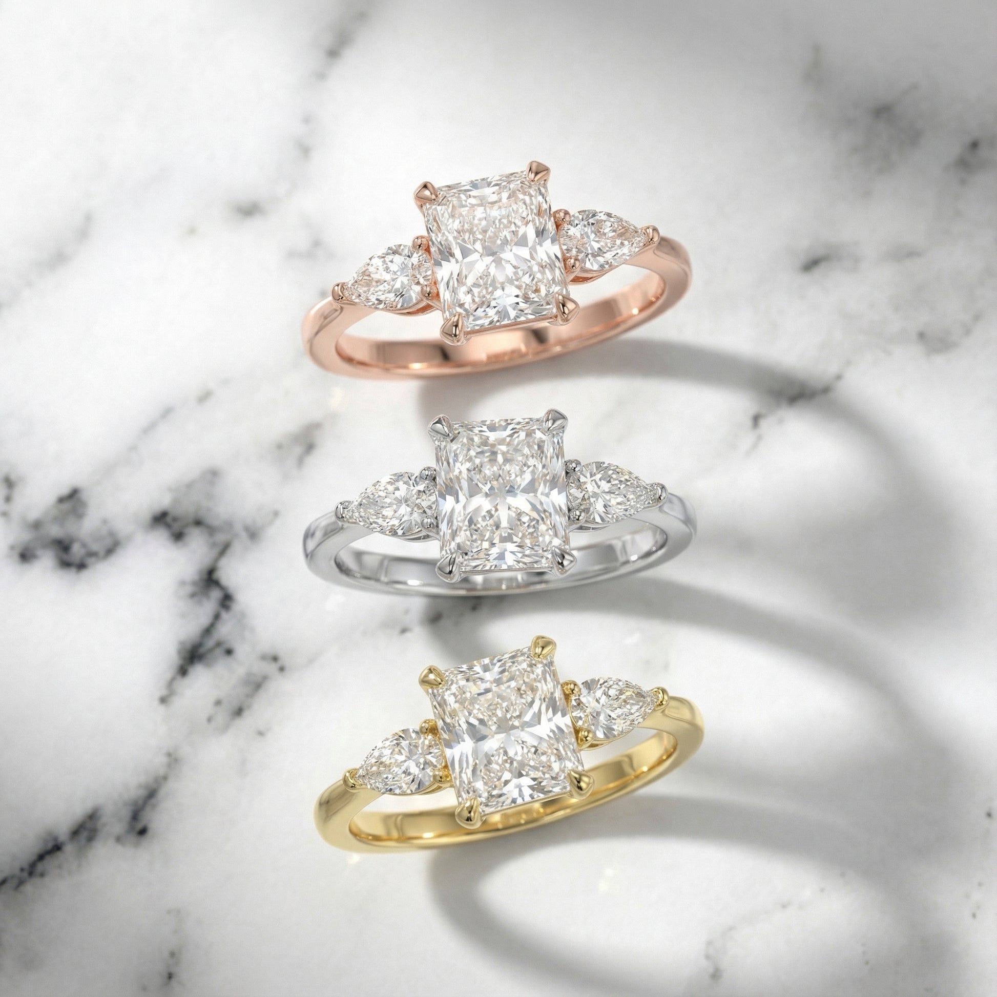 Radiant Cut Lab Grown Diamond Three Stone Engagement Ring in White Gold