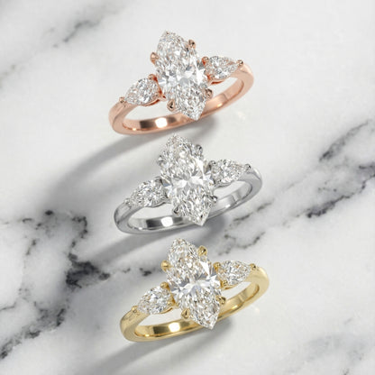 Grace Three Stone Marquise Cut Lab Grown Diamond Engagement Ring in Yellow Gold