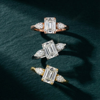 Grace Three Stone Emerald Cut Lab Grown Diamond Engagement Ring set in Rose Gold
