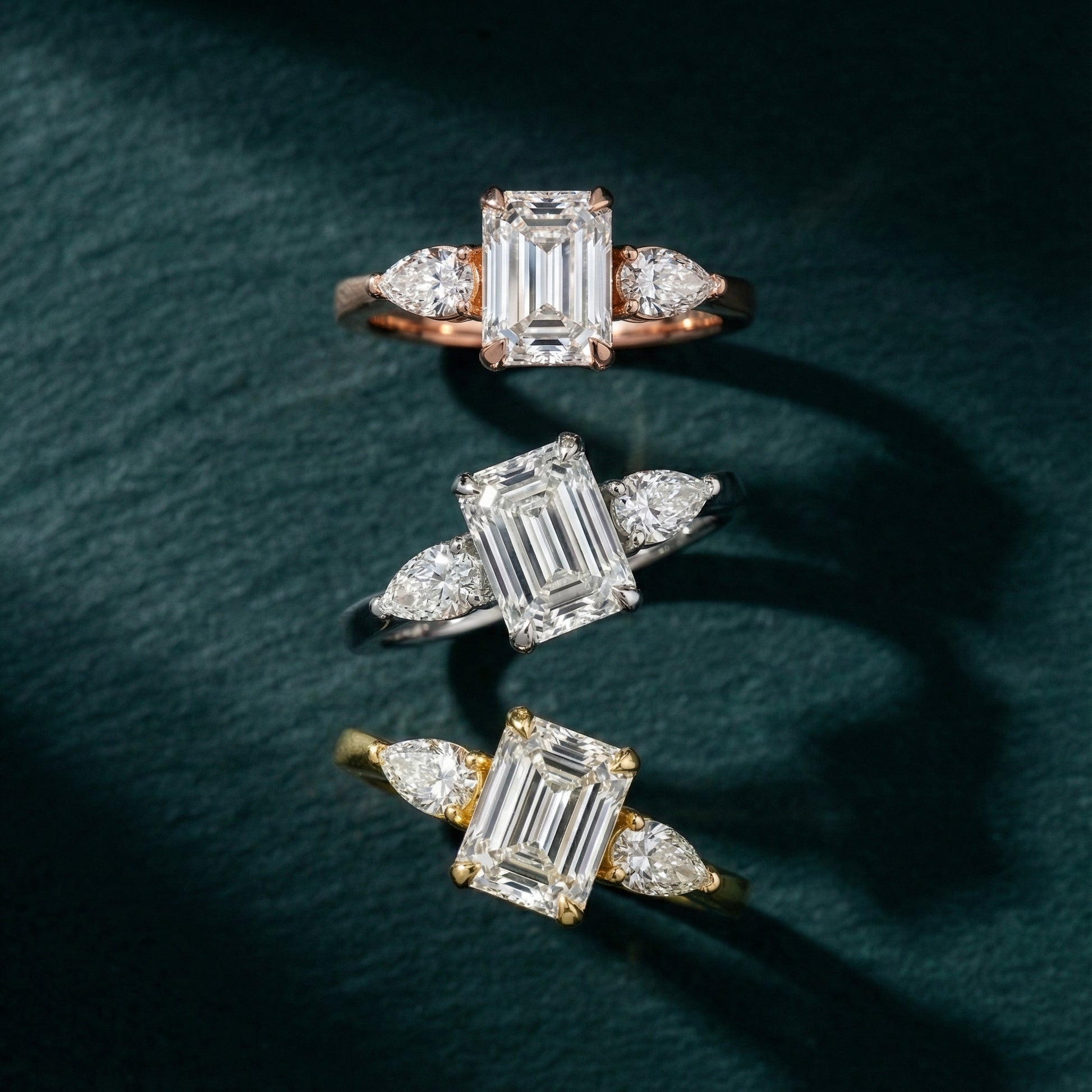 Grace Three Stone Emerald Cut Lab Grown Diamond Engagement Ring set in White Gold