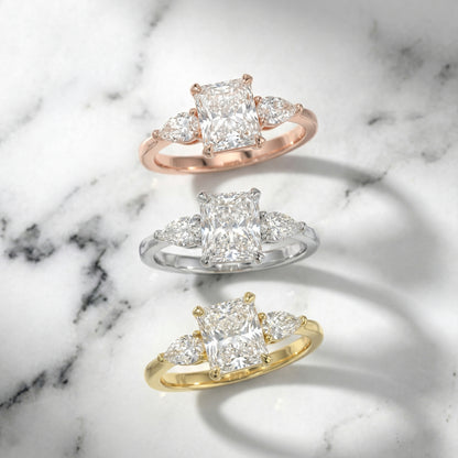 Radiant Cut Lab Grown Diamond Three Stone Engagement Ring in Yellow Gold