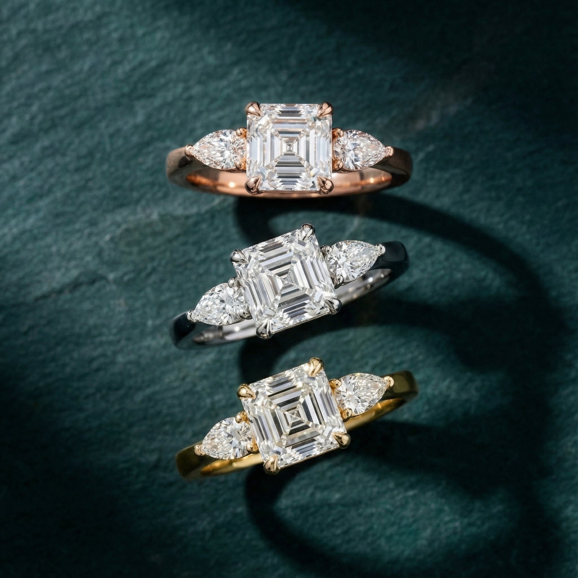 Asscher Cut Lab Grown Diamond Three Stone Engagement Ring in Yellow Gold setting