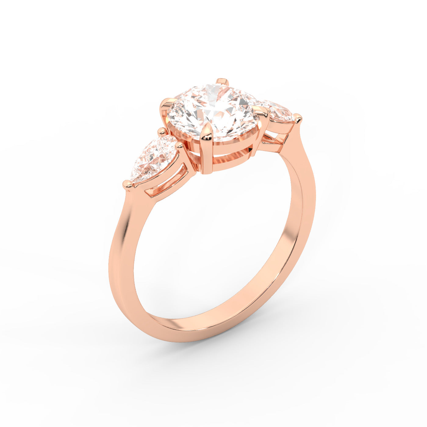 Round cut lab grown diamond three stone engagement ring in rose gold setting