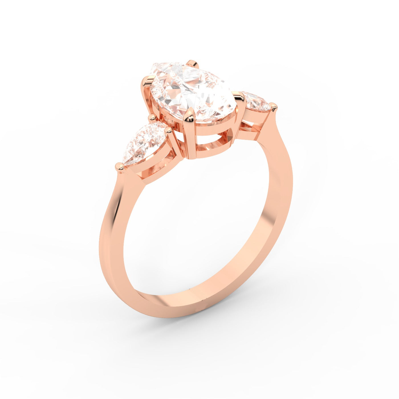Pear Cut Lab Grown Diamond Three Stone Engagement Ring in Rose Gold