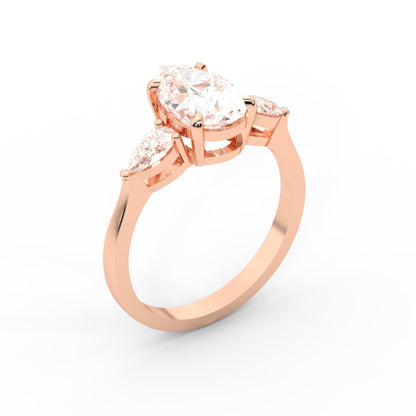 Pear Cut Lab Grown Diamond Three Stone Engagement Ring in Rose Gold
