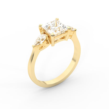 Princess Cut Lab Grown Diamond Three Stone Engagement Ring in Yellow Gold with pear side stones