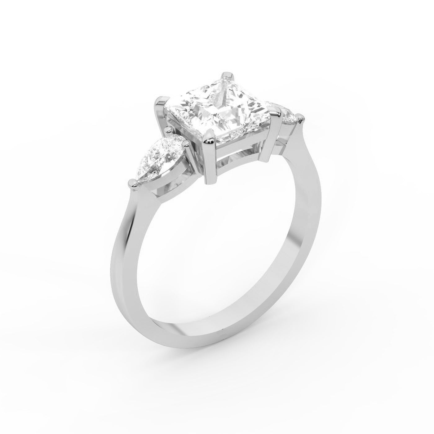 Princess Cut Lab Grown Diamond Three Stone Engagement Ring in Platinum with pear side stones