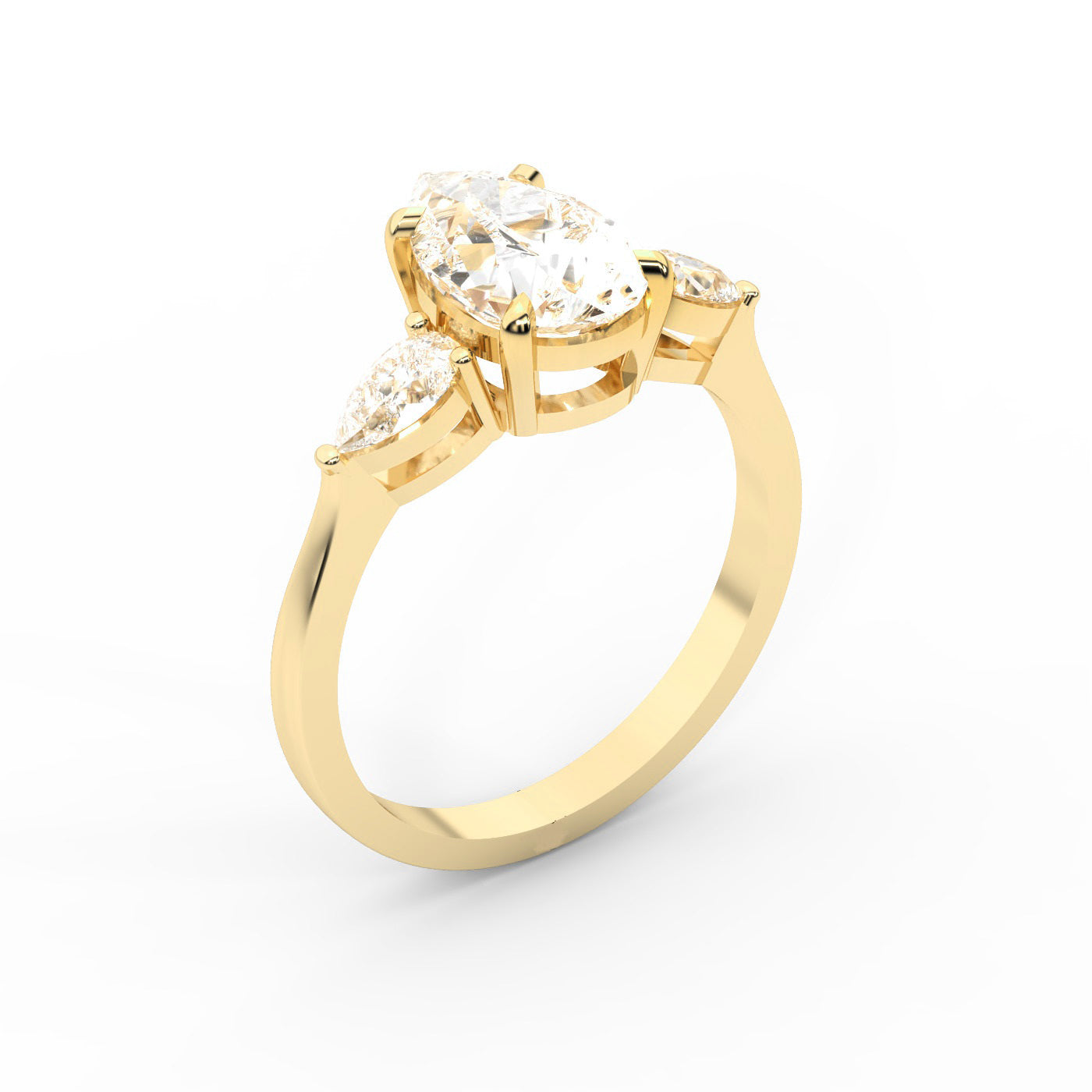 Pear Cut Lab Grown Diamond Three Stone Engagement Ring in Yellow Gold