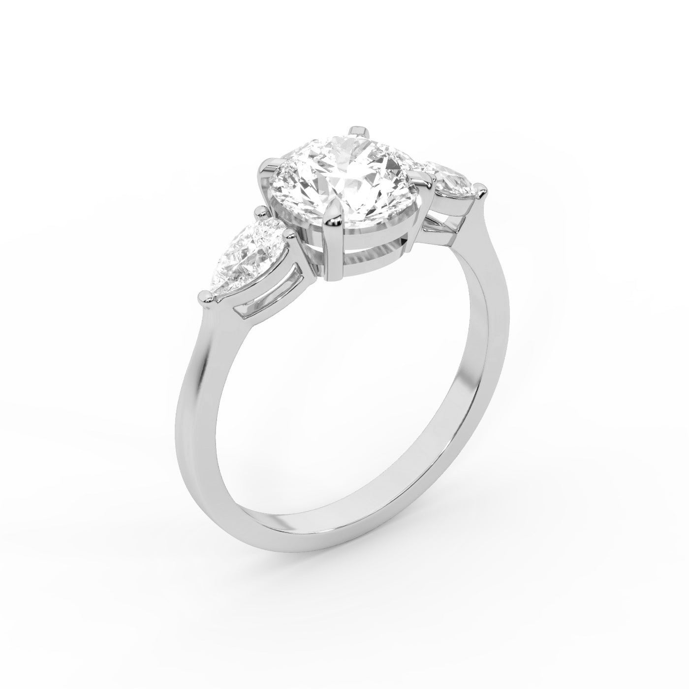 Round cut lab grown diamond three stone engagement ring in silver setting