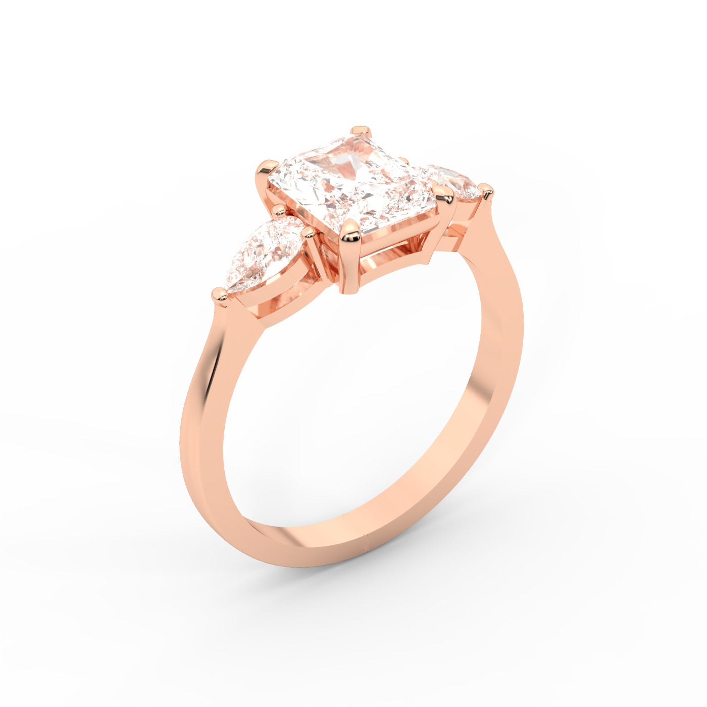 Radiant Cut Lab Grown Diamond Three Stone Engagement Ring in Rose Gold