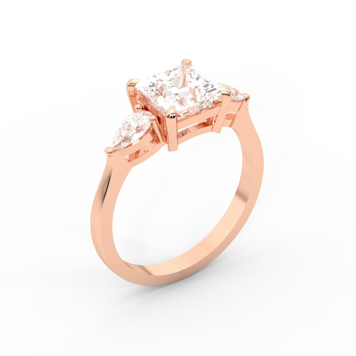 Princess Cut Lab Grown Diamond Three Stone Engagement Ring in Rose Gold with pear side stones