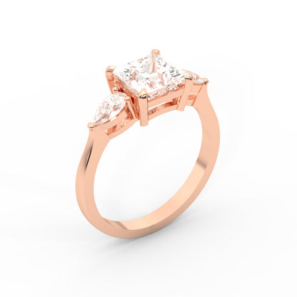 Princess Cut Lab Grown Diamond Three Stone Engagement Ring in Rose Gold with pear side stones