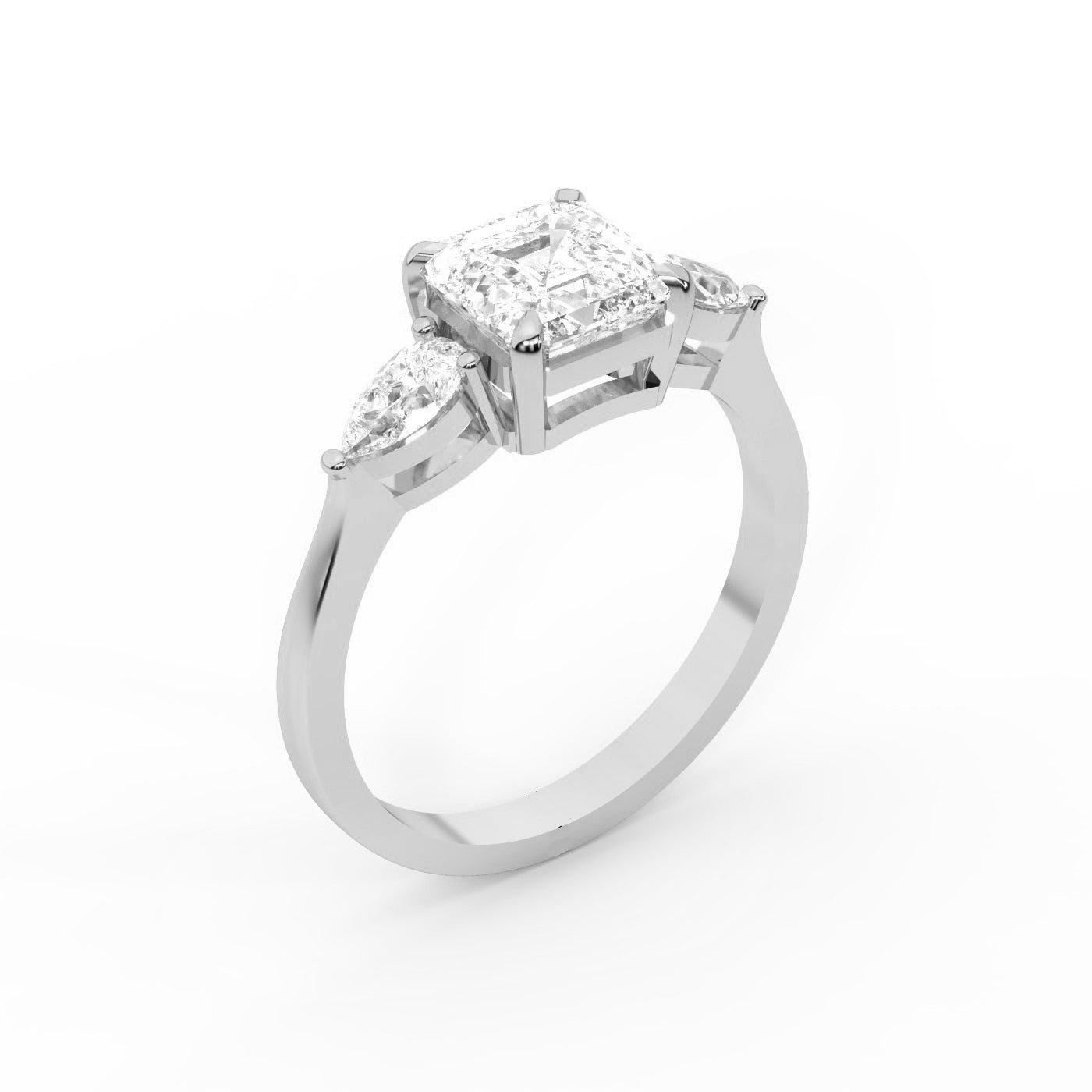 Asscher Cut Lab Grown Diamond Three Stone Engagement Ring in Silver setting
