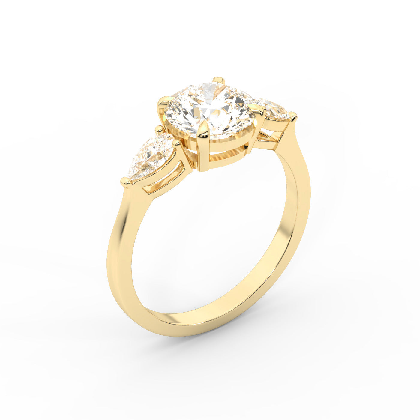 Round cut lab grown diamond three stone engagement ring in yellow gold setting