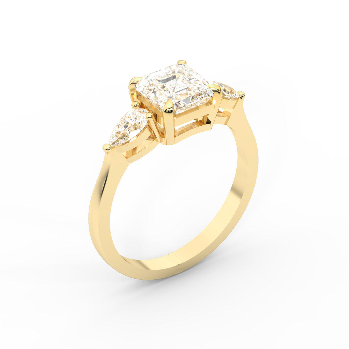 Asscher Cut Lab Grown Diamond Three Stone Engagement Ring in Yellow Gold setting