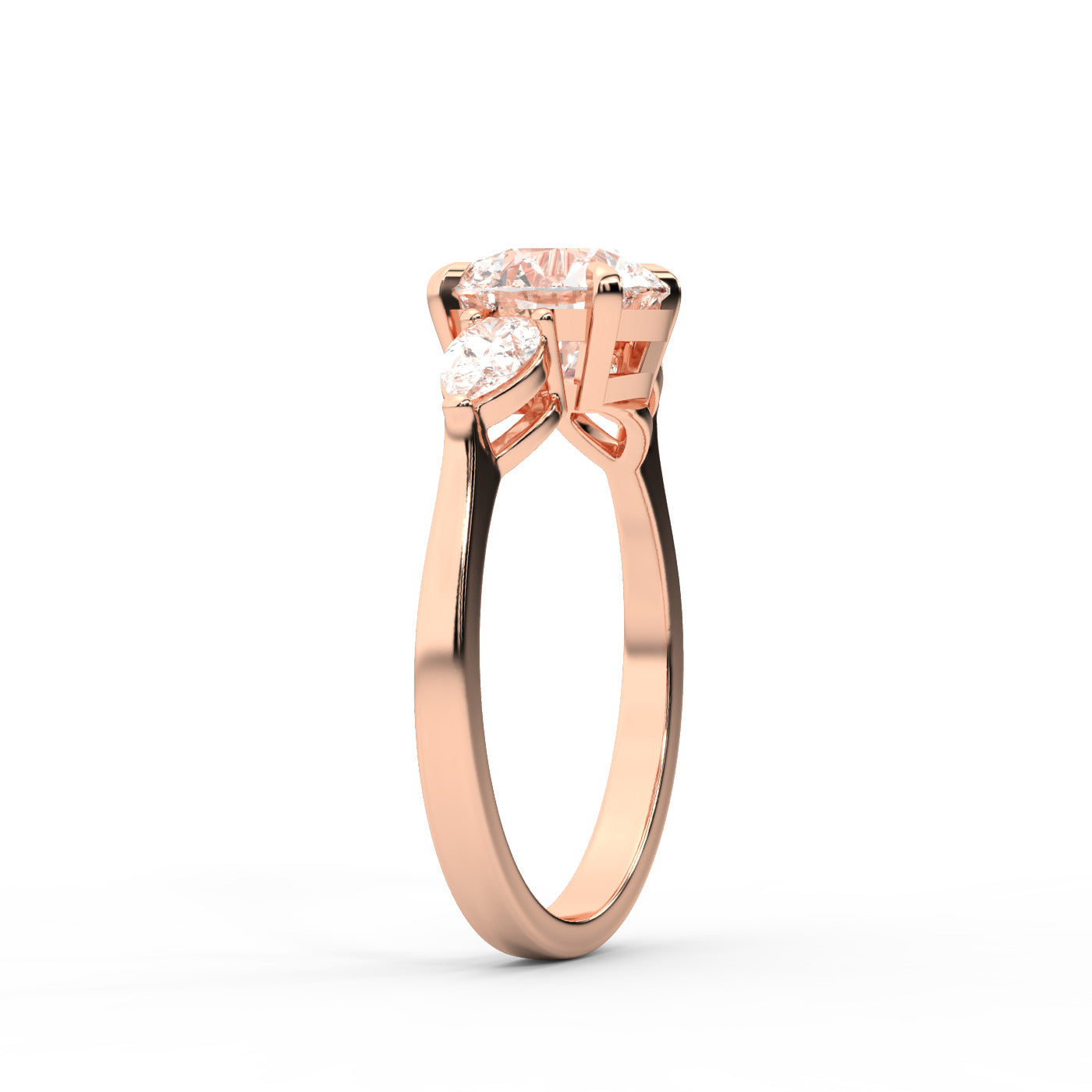 Round cut lab grown diamond three stone engagement ring in rose gold setting