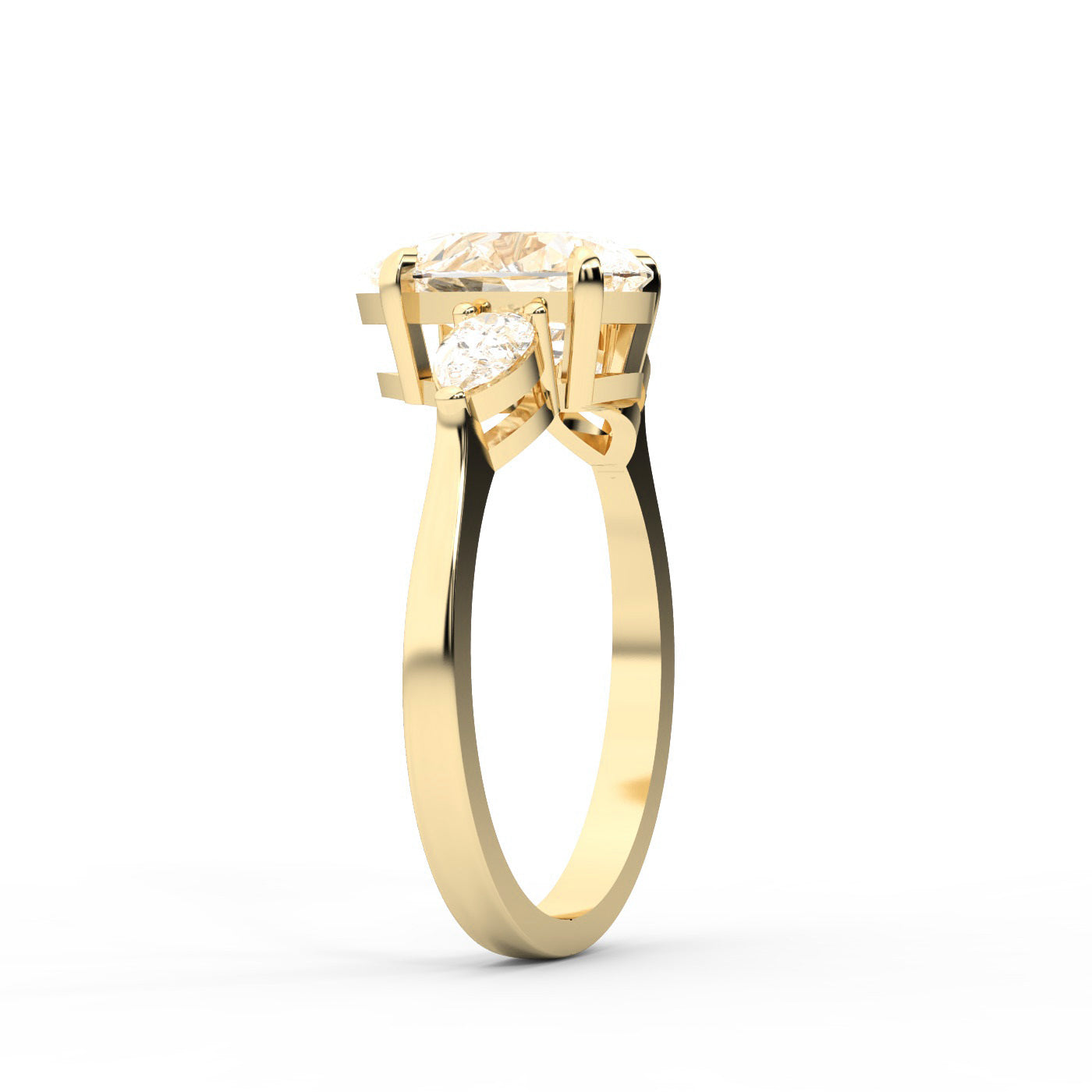 Pear Cut Lab Grown Diamond Three Stone Engagement Ring in Yellow Gold