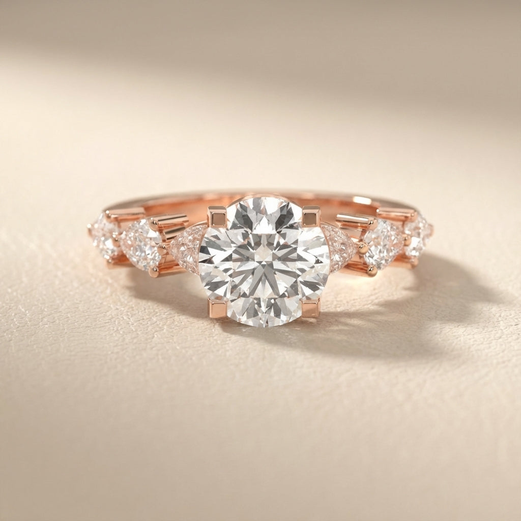 Round Cut Lab Grown Diamond Engagement Ring in Rose Gold with Marquise and Pear Side Stones