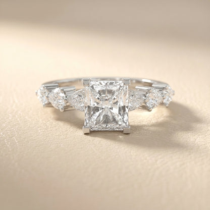 Radiant Cut Lab Grown Diamond Engagement Ring with Marquise and Pear Side Stones in Platinum