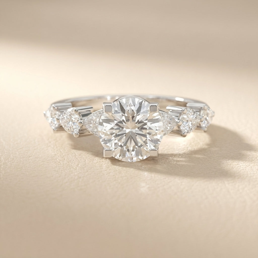 Round Cut Lab Grown Diamond Engagement Ring in Silver with Marquise and Pear Side Stones