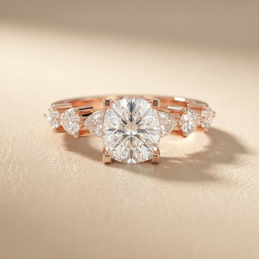 Cushion cut lab grown diamond engagement ring with marquise and pear side stones set in warm rose gold.
