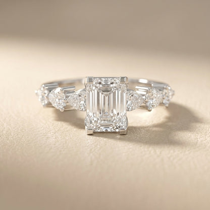 Emerald Cut Lab Grown Diamond Engagement Ring with Marquise and Pear Side Stones in White Gold