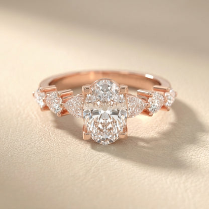 Oval Cut Lab Grown Diamond Engagement Ring with Marquise and Pear Side Stones in Rose Gold