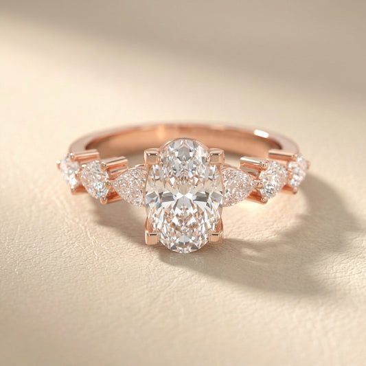 Oval Cut Lab Grown Diamond Engagement Ring with Marquise and Pear Side Stones in Rose Gold