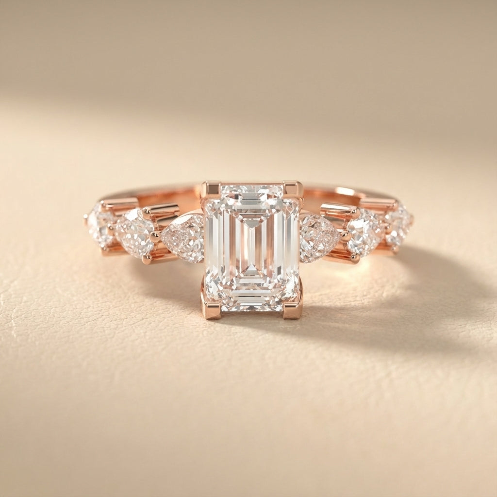 Emerald Cut Lab Grown Diamond Engagement Ring with Marquise and Pear Side Stones in Rose Gold
